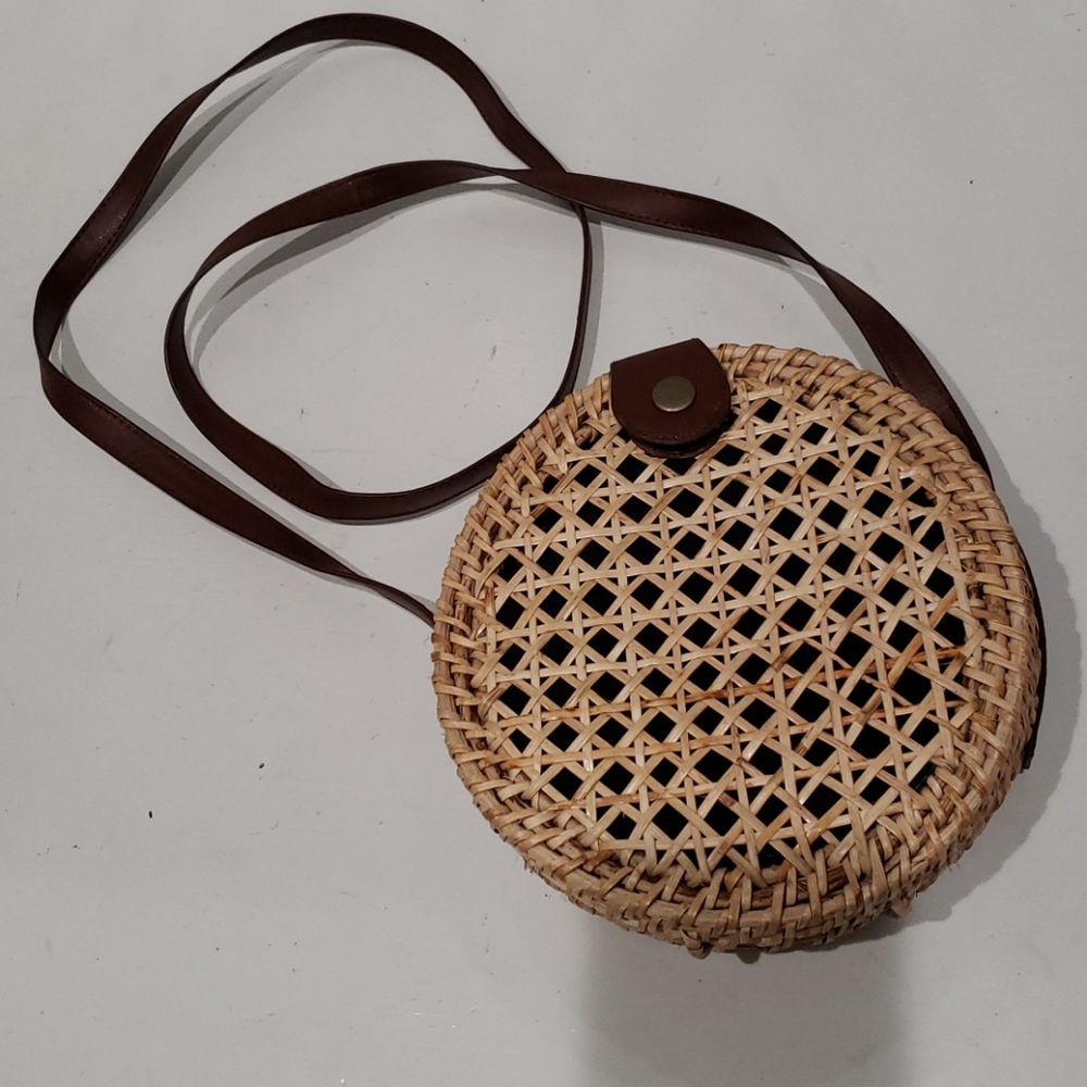 J. Crew Round Woven Crossbody Bag in Natural with Brown Strap
